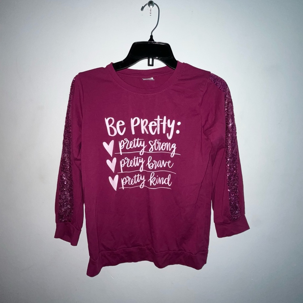 Girls kids childrensRich Burgundy Long Sleeve Top with sequined sleeves